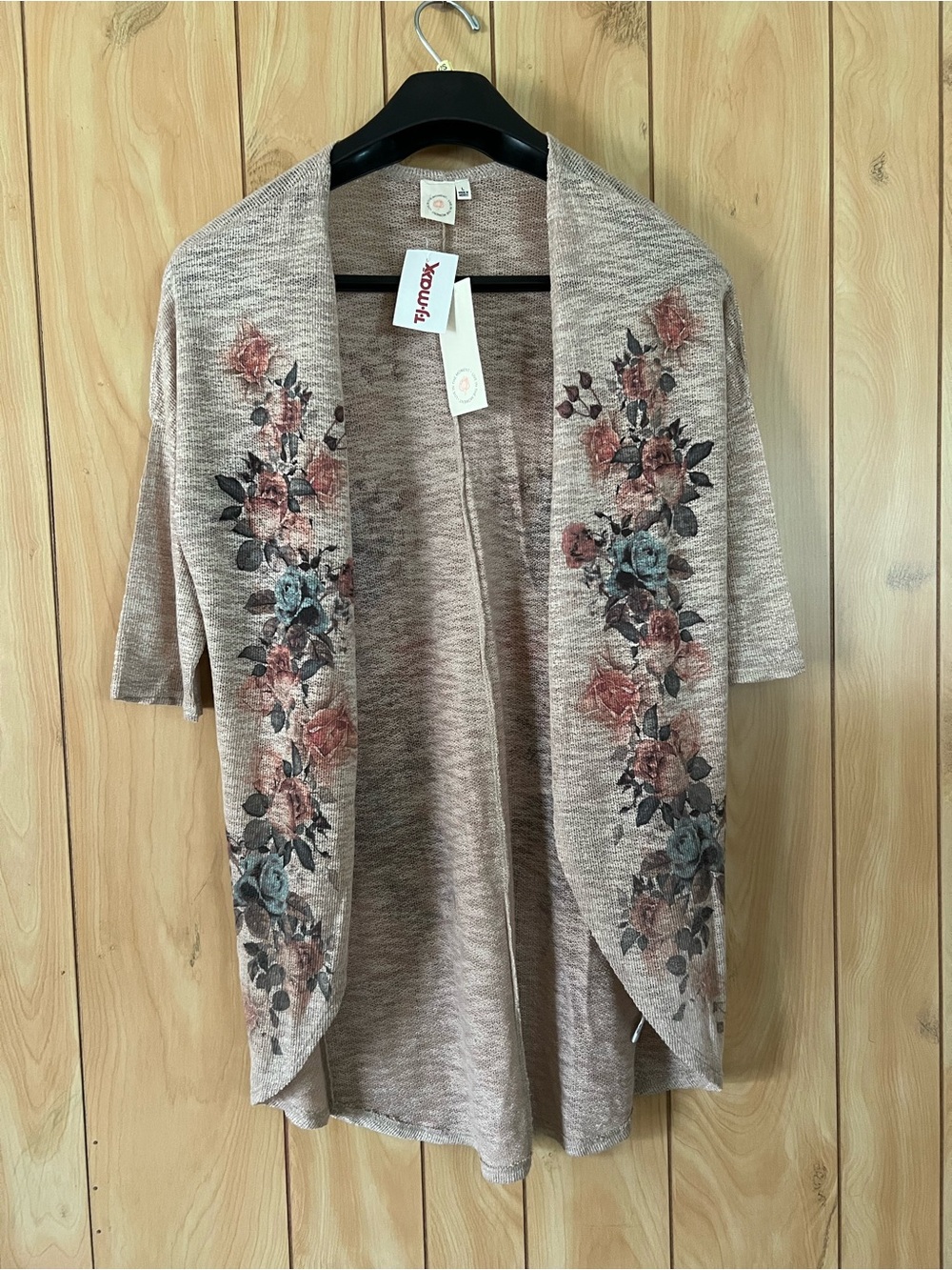 Live In The Moment Floral Knit Cardigan L NWT TJ Maxx Boho Open Front Pink Gray
